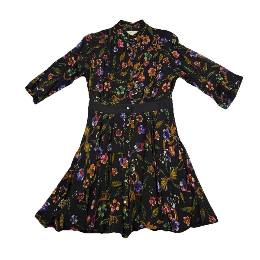 Nichole Miller Artelier Choffon Dress Floral Womens S Black 3/4 Sleeve Button Up